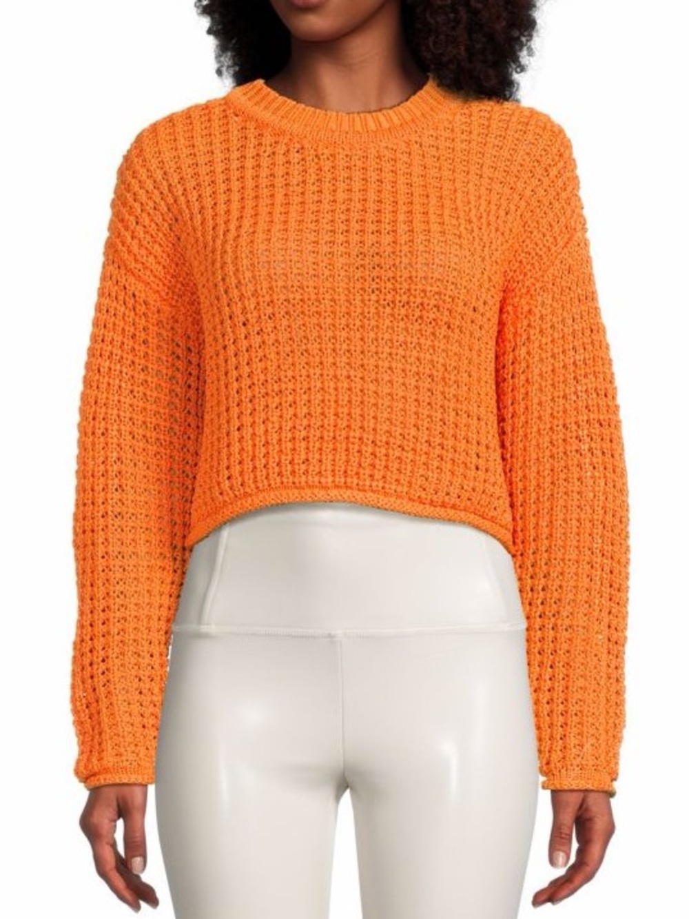 RD Style Orange Waffle Knit Cropped Crew Sweater